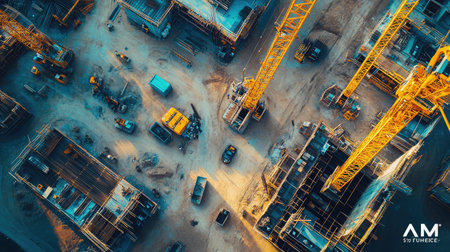 This aerial image captures a dynamic construction site showing yellow cranes and machinery actively engaged in urban development and building activities, illustrating progress and effort.の素材