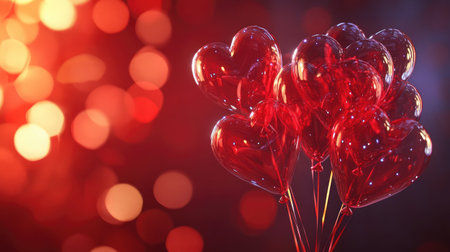 A stunning arrangement of red heart balloons stands out against a soft, blurry background, perfect for capturing the essence of love and joy in various celebrations and events.の素材