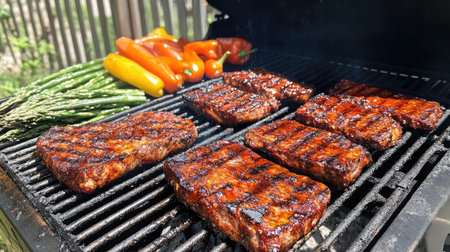 A picturesque scene featuring grilled salmon fillets alongside bright peppers and fresh asparagus on a BBQ grill, perfect for sunny summer gatherings and delicious outdoor dining.の素材