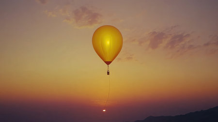 A stunning hot air balloon gracefully ascends into a colorful sunset sky, creating a serene and peaceful atmosphere perfect for travel and adventure enthusiasts.の素材