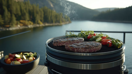 Experience the joy of grilling steak on a beautiful lakefront deck. Fresh vegetables and herbs enhance the culinary atmosphere on a perfect sunny day.の素材
