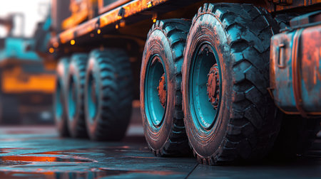 A detailed close-up shot of large industrial truck tires, showcasing vibrant colors and textures, emphasizing the heavy machinery on a bustling construction site.の素材