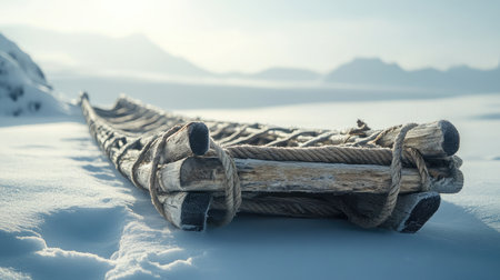 A beautifully crafted wooden sled rests on a blanket of soft snow, surrounded by a stunning winter landscape, evoking feelings of adventure and tranquility in nature.の素材