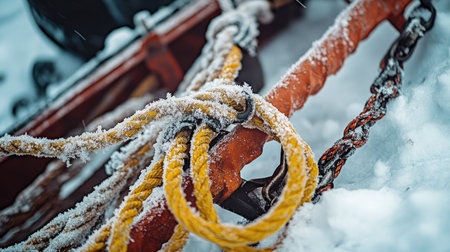 A close-up view of frosted ropes and chains resting on a snowy surface, highlighting the challenges and beauty of winter in a maritime setting.の素材
