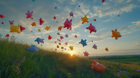 Colorful toys float in the sky during a stunning sunset, creating a whimsical scene above a lush green landscape, evoking feelings of joy and imagination.の素材