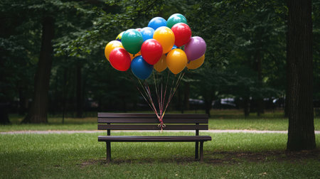 A serene park scene featuring a wooden bench adorned with vibrant balloons, symbolizing joy and celebration amidst lush greenery, inviting viewers to enjoy nature's beauty.の素材