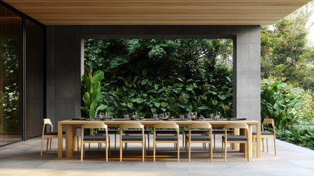 Modern outdoor dining area showcasing a stylish long table and chairs surrounded by lush greenery, perfect for gatherings, meals, and relaxation in a serene setting.の素材