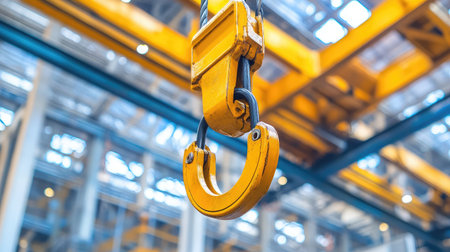 A close-up view of a yellow industrial crane hook suspended in a spacious warehouse with ample natural light, highlighting its role in lifting and construction activities.の素材