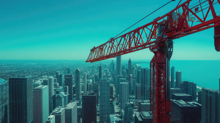 Stunning aerial perspective featuring a vibrant construction crane set against a modern city skyline. A clear blue sky and ocean complete this captivating urban scene.の素材
