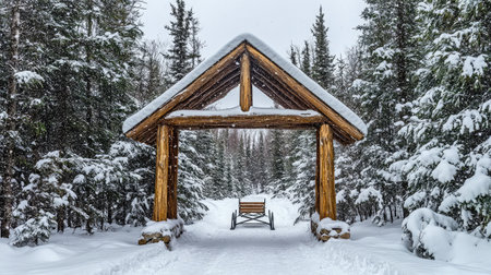 A tranquil winter scene featuring a rustic wooden archway framing a snowy pathway surrounded by towering snow-covered trees, inviting outdoor exploration and beauty.の素材