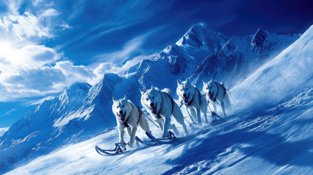A spectacular view of a team of snow dogs expertly pulling a sled through deep snow, set against a breathtaking backdrop of towering mountains and a vibrant blue sky.の素材
