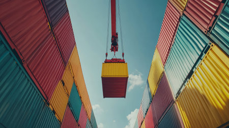 A striking scene featuring a colorful crane lifting a bright yellow container amidst a vibrant array of cargo containers under a clear blue sky, showcasing industrial activity and logistics operations.の素材