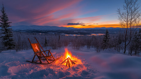 A serene winter evening scene featuring a warm fire beside a cozy chair in deep snow, providing a breathtaking view of mountains and a stunning sunset.の素材