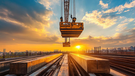 A crane lifts steel beams at a construction site during sunset, showcasing the beauty of urban development and the hard work involved in building infrastructure.の素材