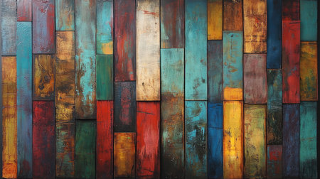 This image showcases a vibrant arrangement of wooden planks in various colors and textures, perfect for backgrounds in artistic design or home decor projects.の素材