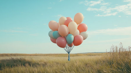 A stunning arrangement of colorful balloons capturing the essence of joy and celebration in a tranquil field setting under a bright blue sky.の素材