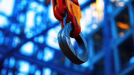 Detailed close-up image of a heavy-duty metal hook used in construction, emphasizing its robust design and functionality within an industrial setting.の素材