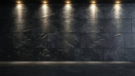 A sleek black stone wall featuring modern lighting that highlights its texture, ideal for interior design, photography backdrops, and artistic projects in contemporary settings.の素材