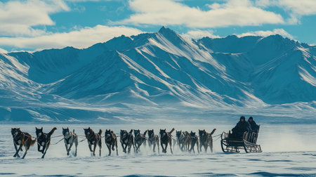 Experience the thrill of dog sledding in the serene, snowy wilderness, where a team of energetic dogs races through stunning landscapes with majestic mountains in the background.の素材