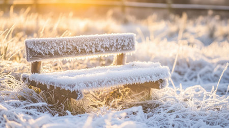A beautiful frost-covered wooden bench sits amidst a tranquil winter landscape, illuminated by warm sunlight, showcasing nature's breathtaking icy beauty and serene atmosphere.の素材