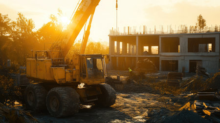 A busy construction site during sunset featuring heavy machinery and workers. The warm lighting highlights ongoing building activities and the dynamic nature of urban development.の素材