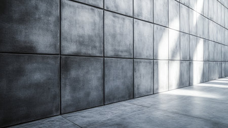 Minimalistic interior scene featuring a sleek concrete wall illuminated by natural light, creating a serene and modern atmosphere ideal for design and architecture themes.の素材