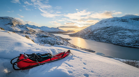 A breathtaking winter panorama featuring a red sled resting on the snow with stunning mountains and a tranquil lake illuminated by sunset colors in Norway.の素材