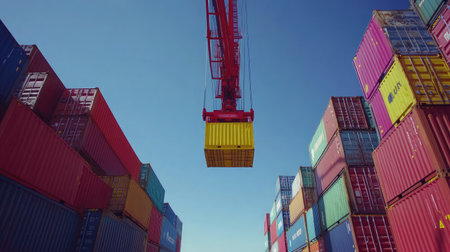 A vibrant scene of a red crane lifting a yellow shipping container at a busy port, surrounded by multicolored cargo containers under a bright blue sky.の素材