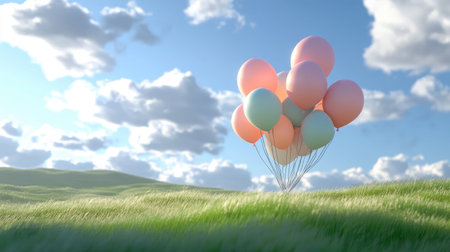 This image showcases a cluster of colorful balloons floating above a lush green meadow, captured under a clear blue sky dotted with white clouds, evoking a sense of joy and celebration.の素材