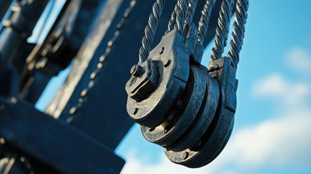 This image captures the intricate details of a crane pulley system, highlighting steel cables and heavy machinery, set against an expansive blue sky, representing engineering excellence.の素材
