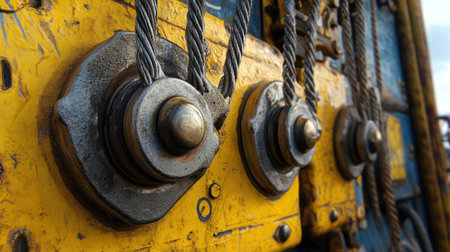 A close-up view of industrial machinery components, highlighting metal bolts and thick cables, revealing the intricacies of engineering design and durable construction.の素材