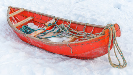 A striking red canoe contrasts against a blanket of snow, evoking winter adventures and outdoor exploration. Perfect for travel and nature themes, this image captures serene beauty in a frozen landscape.の素材