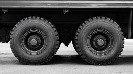 This image captures a close-up view of a pair of heavy-duty truck tires on an asphalt surface, highlighting their textured design and robust tread patterns. Perfect for transportation themes.の素材