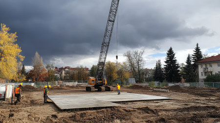 A dynamic construction site showcasing a crane lifting a concrete slab while workers supervise the process under a dramatic cloudy sky in an urban landscape.の素材