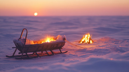 A captivating winter scene showcases a wooden sled beside a flickering campfire on a snowy landscape, illuminated by a warm sunset glow, evoking peace and tranquility.の素材