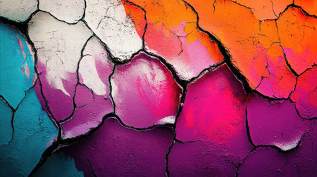 An abstract image showcasing a colorful cracked paint surface on a weathered wall, featuring vibrant hues of orange, pink, purple, and blue that create an eye-catching texture.の素材