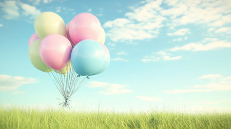 A picturesque scene featuring vibrant balloons against a bright blue sky. This image evokes feelings of joy and celebration, perfect for various themes and occasions.の素材