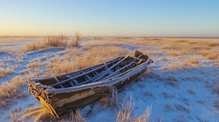 An abandoned wooden boat lies frozen in a serene landscape, surrounded by golden grass and snow under the soft glow of sunrise, evoking feelings of tranquility and solitude.の素材