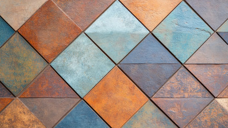 This image showcases a collection of colorful geometric tiles arranged in a stylish pattern, perfect for interior design projects and creative decor ideas with earthy tones.の素材