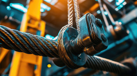 A detailed close-up of a heavy-duty steel cable showcasing connection hardware in an industrial environment, emphasizing strength, durability, and engineering precision.の素材