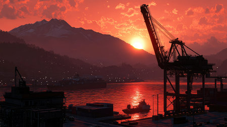 A stunning harbor scene featuring silhouetted cranes against a vibrant sunset, with mountains in the distance and gentle waves reflecting the warm colors of dusk.の素材