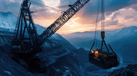 A powerful excavator operates against a stunning sunset in a mountainous landscape, highlighting the intersection of industrial machinery and natural beauty in mining activities.の素材