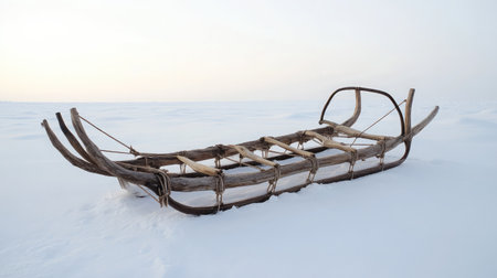 A traditional sled made of wood and leather rests on a vast, snowy surface, emphasizing the beauty of winter and the artistry of indigenous craftsmanship in cold environments.の素材