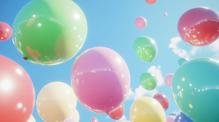 A vibrant collection of colorful balloons floating in a clear blue sky, evoking feelings of joy and celebration, perfect for festive occasions and playful designs.の素材
