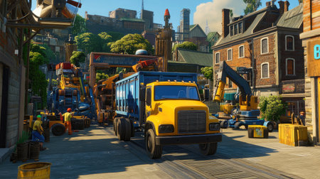 A lively construction site features a yellow truck and various heavy machinery set against an urban backdrop with green trees and bright skies, showcasing an active work environment.の素材