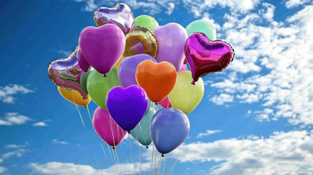 A vibrant collection of colorful heart-shaped balloons floating against a bright blue sky filled with wispy clouds, ideal for festive occasions and romantic celebrations.の素材