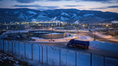 This captivating image captures an industrial landscape at dusk, featuring a truck passing by storage tanks in a snowy environment, under a scenic mountain backdrop.の素材