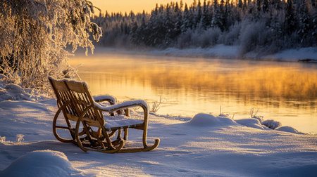 A picturesque winter scene featuring a snow-covered sled beside a tranquil river during sunset, encapsulating the serene beauty of nature in frosty solitude.の素材