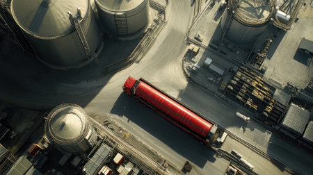 Capture an overhead perspective of an industrial area with large storage tanks, a red truck transporting goods, and a busy distribution center characterized by operational efficiency.の素材