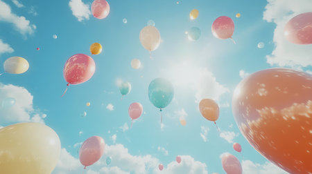 A stunning scene showcases colorful balloons floating serenely in a brilliant blue sky, surrounded by fluffy clouds and radiant sunlight, evoking a sense of happiness and celebration.の素材